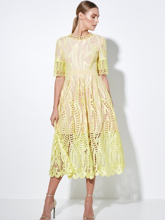Mossman Dresses & Skirts - MOSSMAN REVIVAL LACE CROCHET SHORT SLEEVE MIDI DRESS YELLOW SIZE US 4 AUS 8